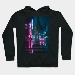 Japanese Walking home in the rain from the grind. Pink and purple reflections. Hoodie